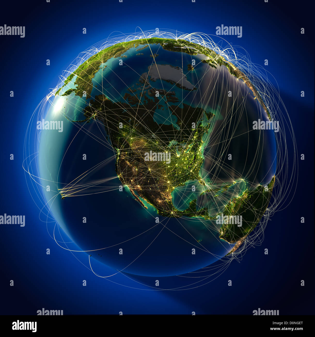 Major global aviation routes on the globe Stock Photo