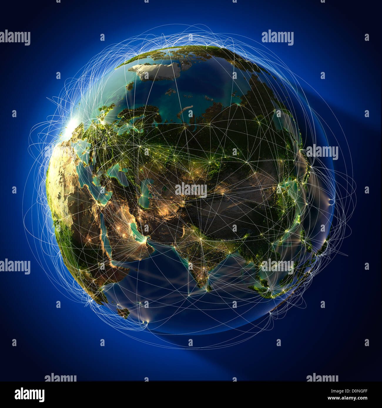 Major global aviation routes on the globe Stock Photo