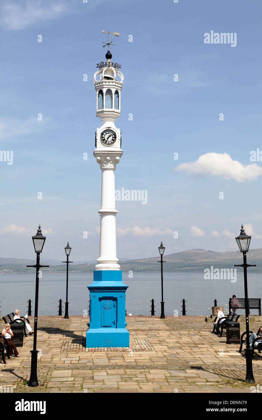 The wrought iron Customhouse Quay clock tower beside the Firth of Clyde in Greenock, Inverclyde, Scotland, UK Stock Photo