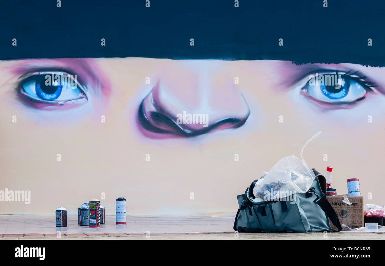 Graffiti artists cans of spray paint and wall graffiti Stock Photo Alamy