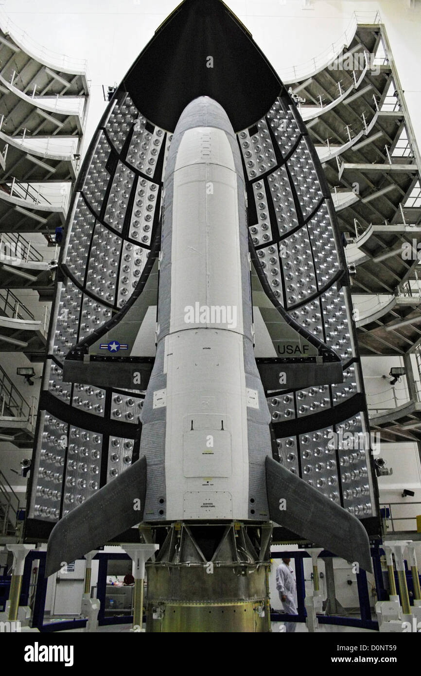 The X-37B Orbital Test Vehicle in encapsulation cell Astrotech facility in Titusville Florida. X-37B  launched April 22 2010 Stock Photo