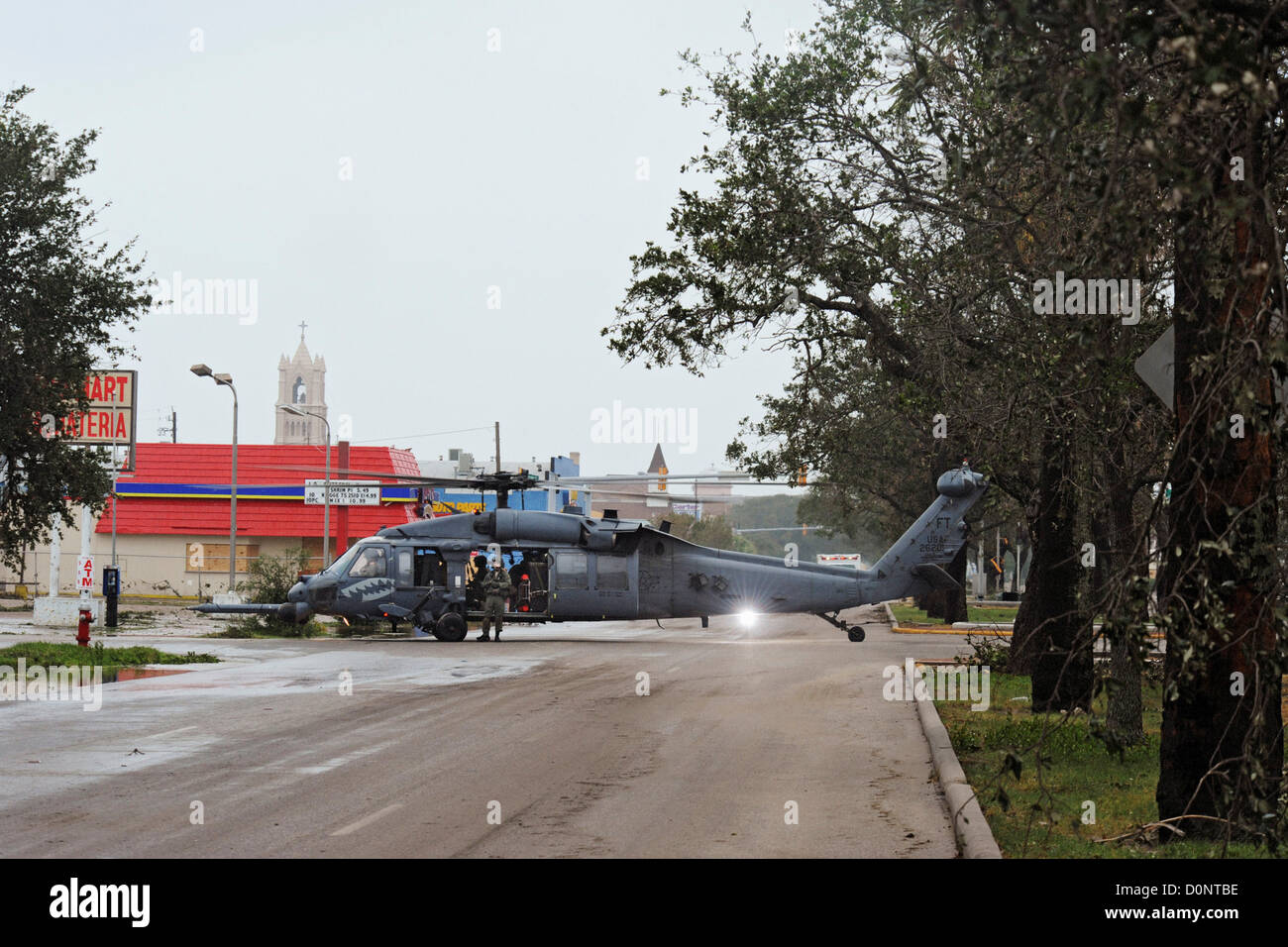 An HH-60 Pave Hawk assigned 331st Air Expeditionary Group Randolph Air Force Base Texas sits in street during operations in Stock Photo