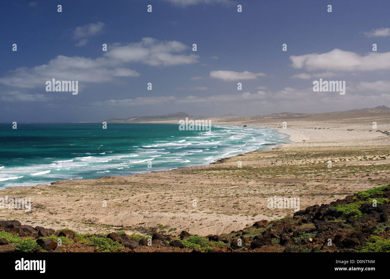 Bay of Santa Maria with the shipwreck of Spanish cargo vessel Santa Maria in the distance - Boa Vista, Cape Verde Stock Photo