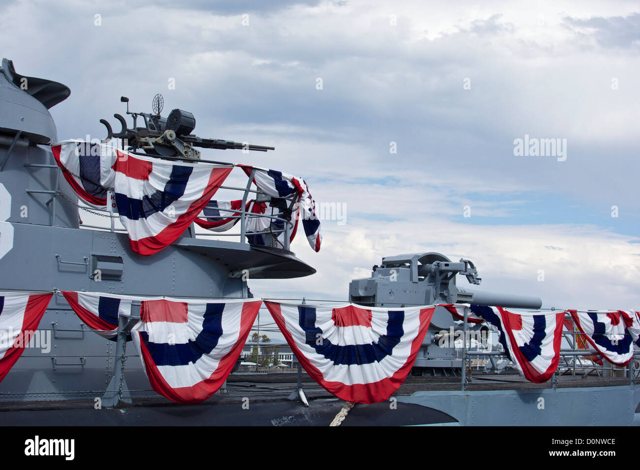 WWII era submarine USS Pampanito. 20mm Oerlikon antiaircraft cannon and 4 inch deck gun. Stock Photo