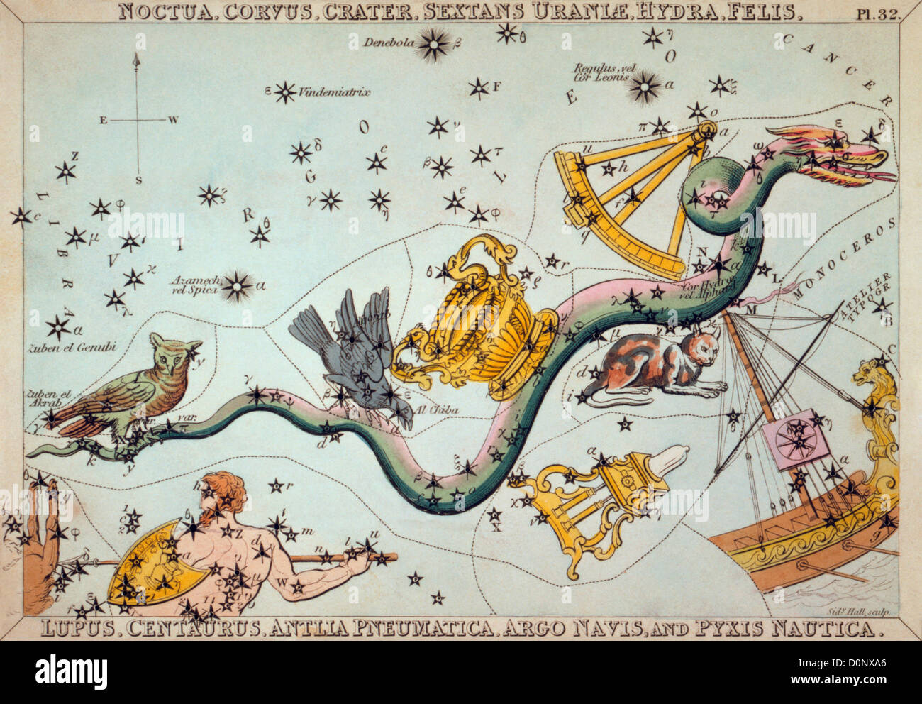 Constellation Card of Hydra and Others Stock Photo
