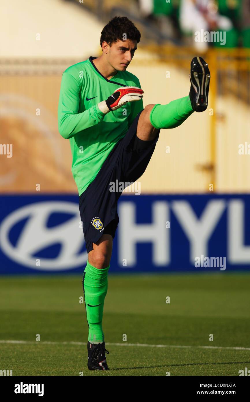 Brazil goalkeeper Rafael warms up before the 2009 FIFA U-20 World Cup round of 16 match against Uruguay at Port Said Stadium. Stock Photo
