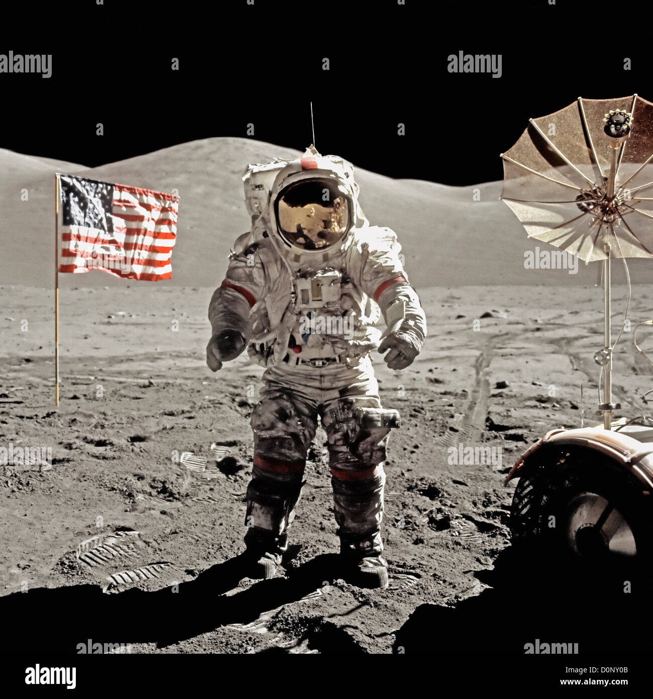 Apollo 17 Astronaut, American Flag, and Rover Stock Photo
