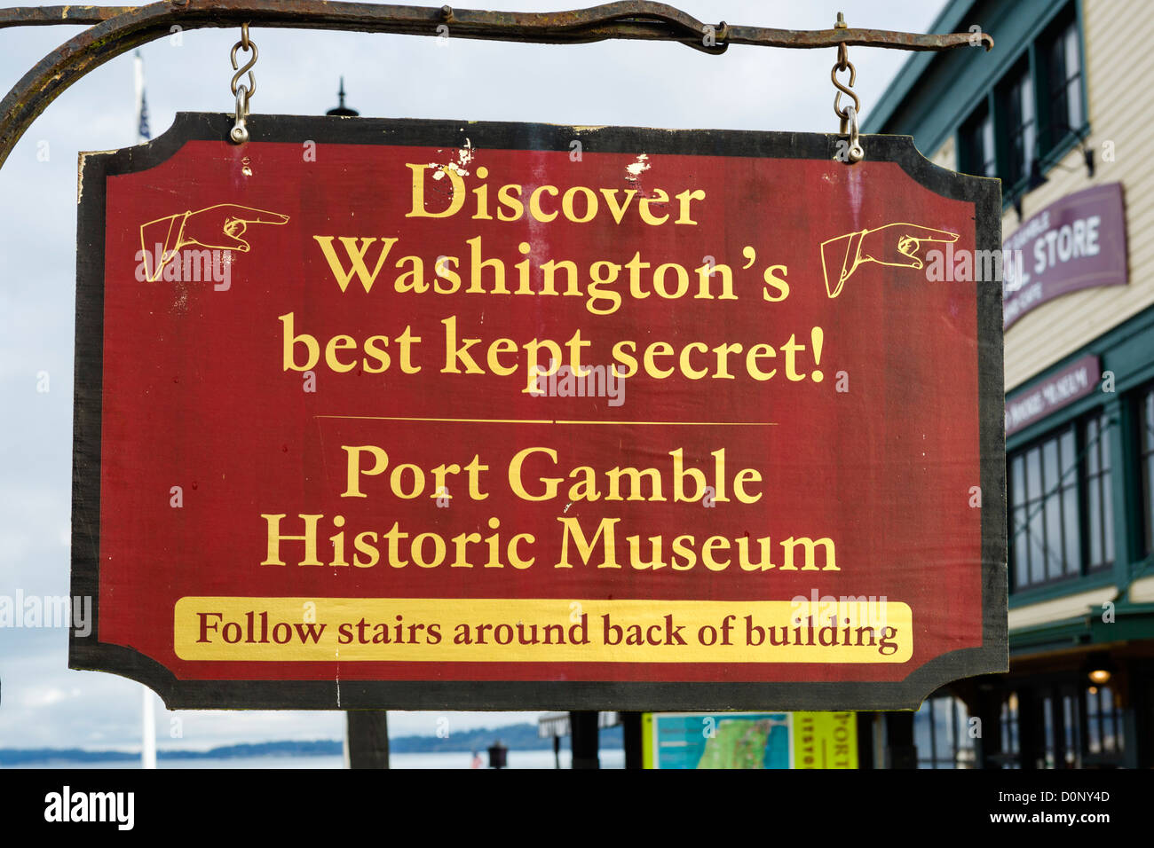 Sign for Port Gamble Museum, NE Rainier Avenue (old Main Street), Port Gamble, Olympic Peninsula, Washington, USA Stock Photo