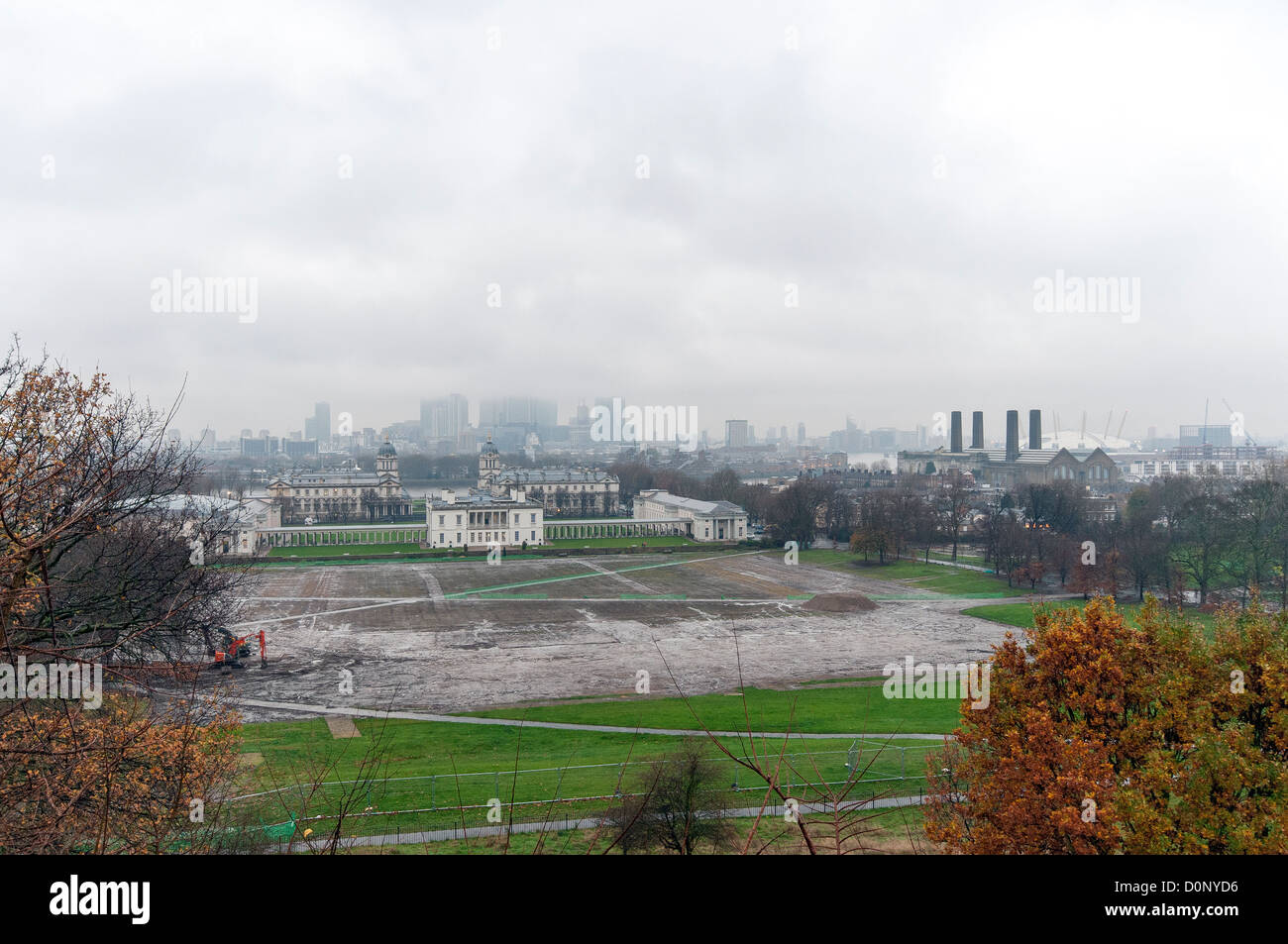 View from the Royal Observatory in Greenwich over London on a wet and cloudy day Stock Photo