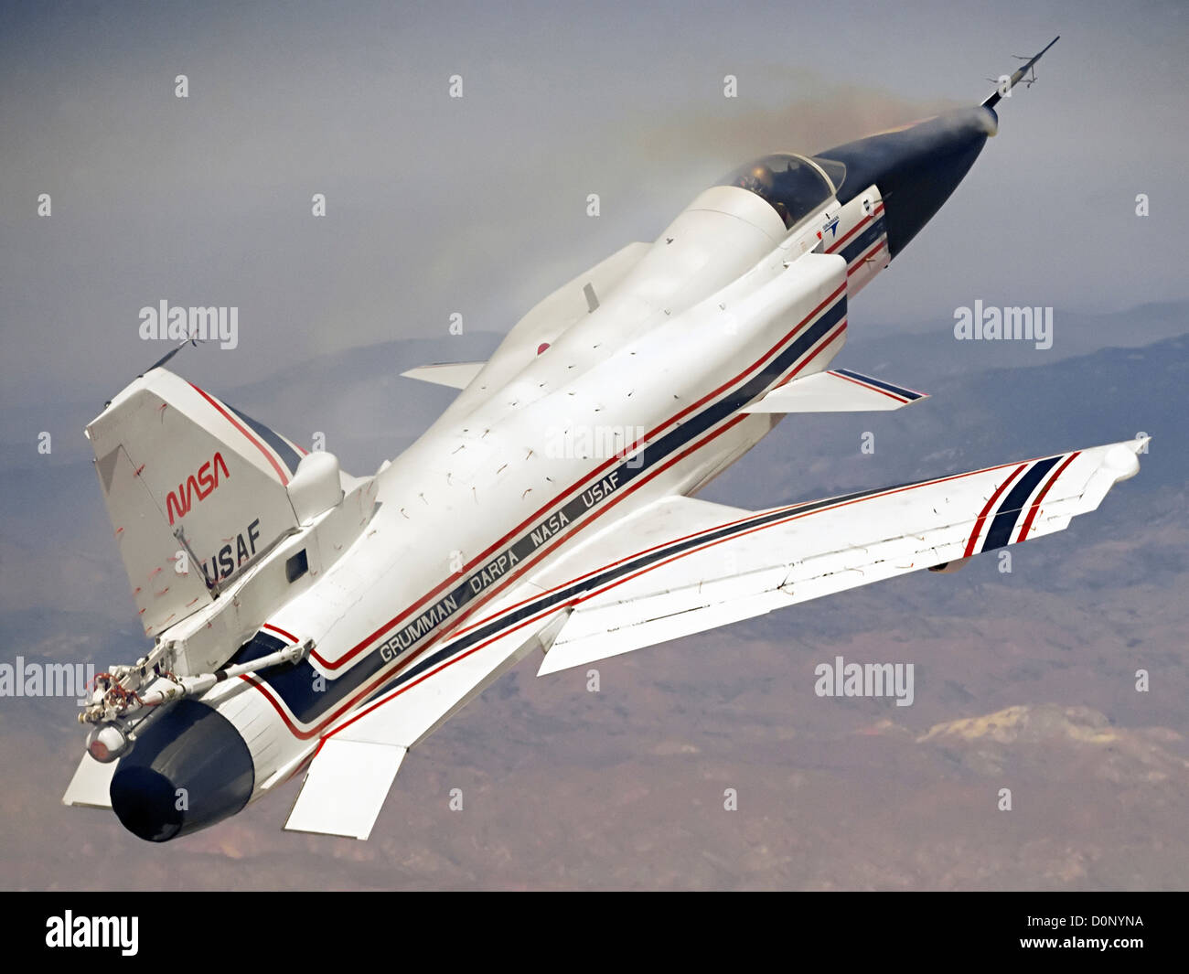 X-29 at High Angle of Attack with Smoke Generators Stock Photo
