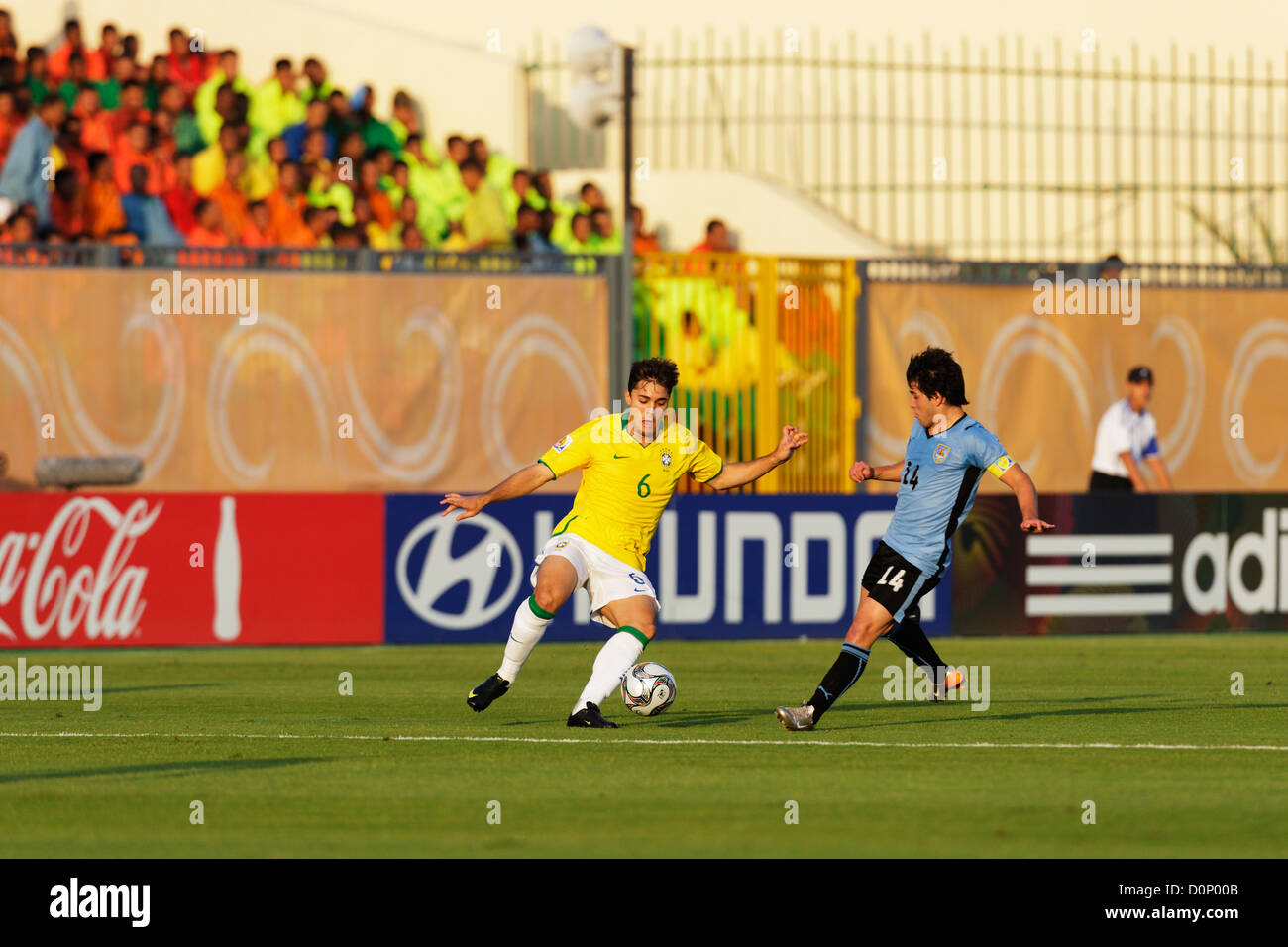 Diogo of Brazil (6) in action against Nicolas Lodeiro of Uruguay during the 2009 FIFA U-20 World Cup round of 16 match. Stock Photo