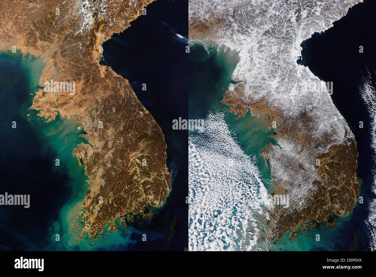 Summer (Left) and Winter (Right) in Korea Seen by MODIS Stock Photo
