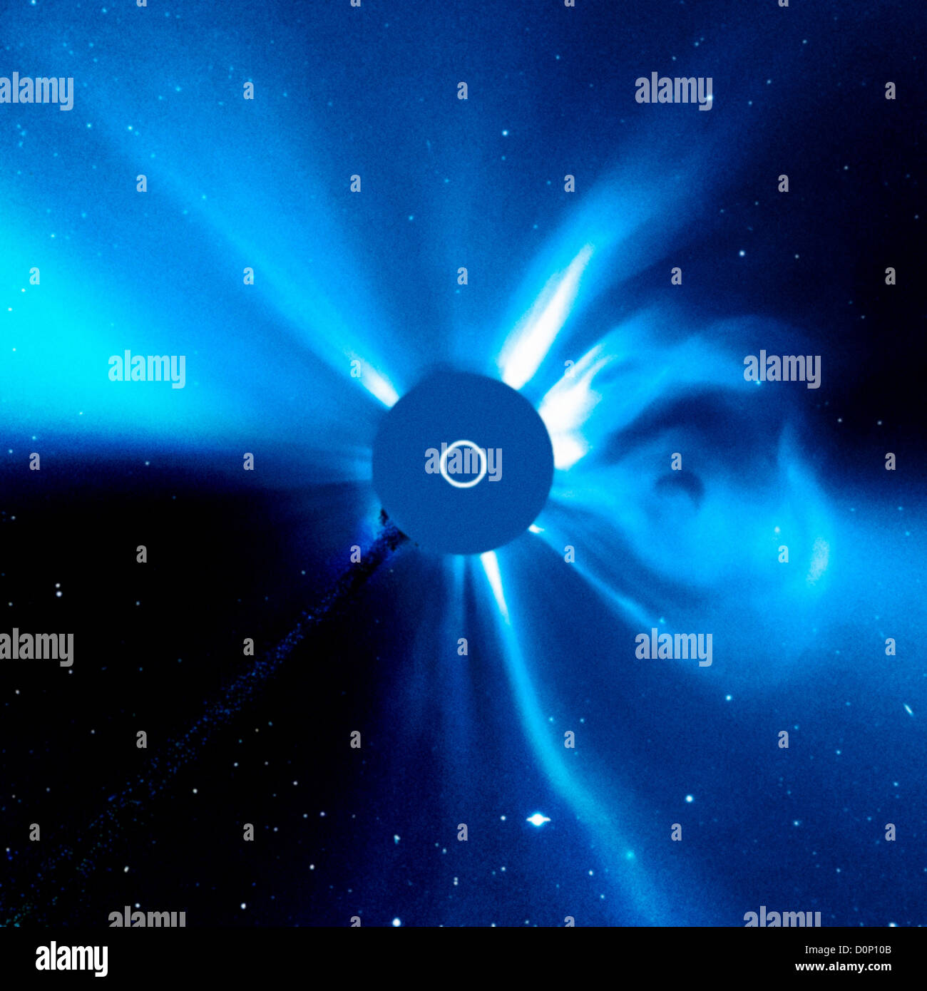 The Large Angle Spectrometric Coronagraph (LASCO) cameras Solar Heliospheric Observatory (SOHO) satellite captured this image Stock Photo