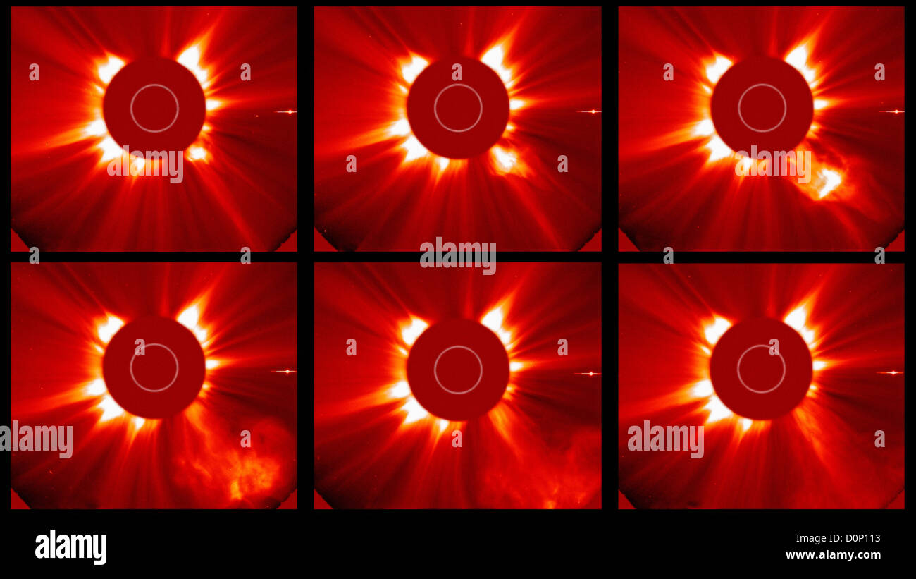 This (Large Angle Spectrometric Coronagraph) LASCO C2 sequence six consecutive images taken over one half hours on 11 November Stock Photo