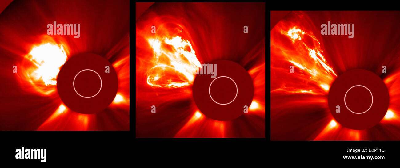 A series three (Large Angle Spectrometric Coronagraph) LASCO C2 images shows large coronal mass ejection showing structures Stock Photo