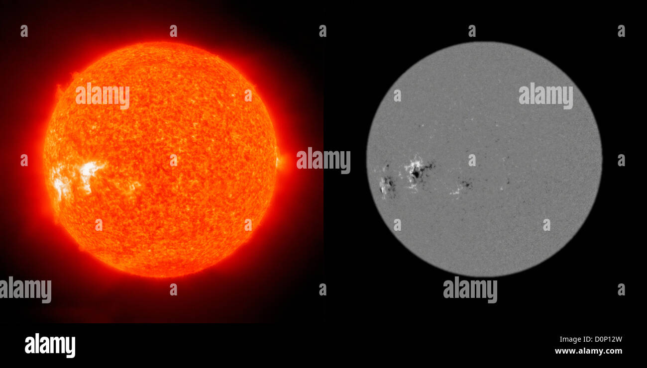 Two images sun Solar Heliospheric Observatory (SOHO) one Extreme ultraviolet Imaging Telescope (EIT) 304 Angstrom instrument Stock Photo