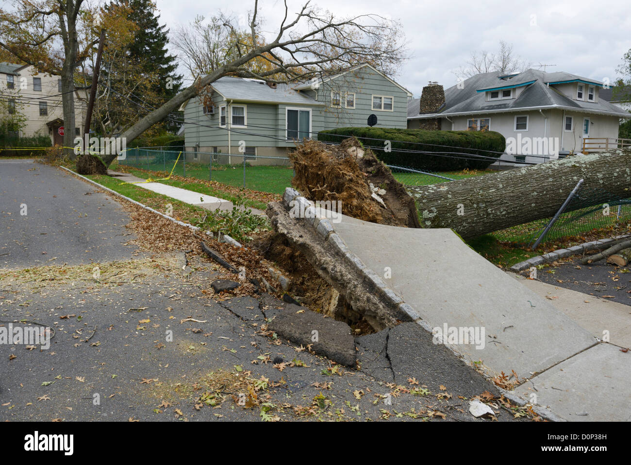 Destruction to houses, trees and power lines caused by Hurricane Sandy, northern New Jersey Stock Photo