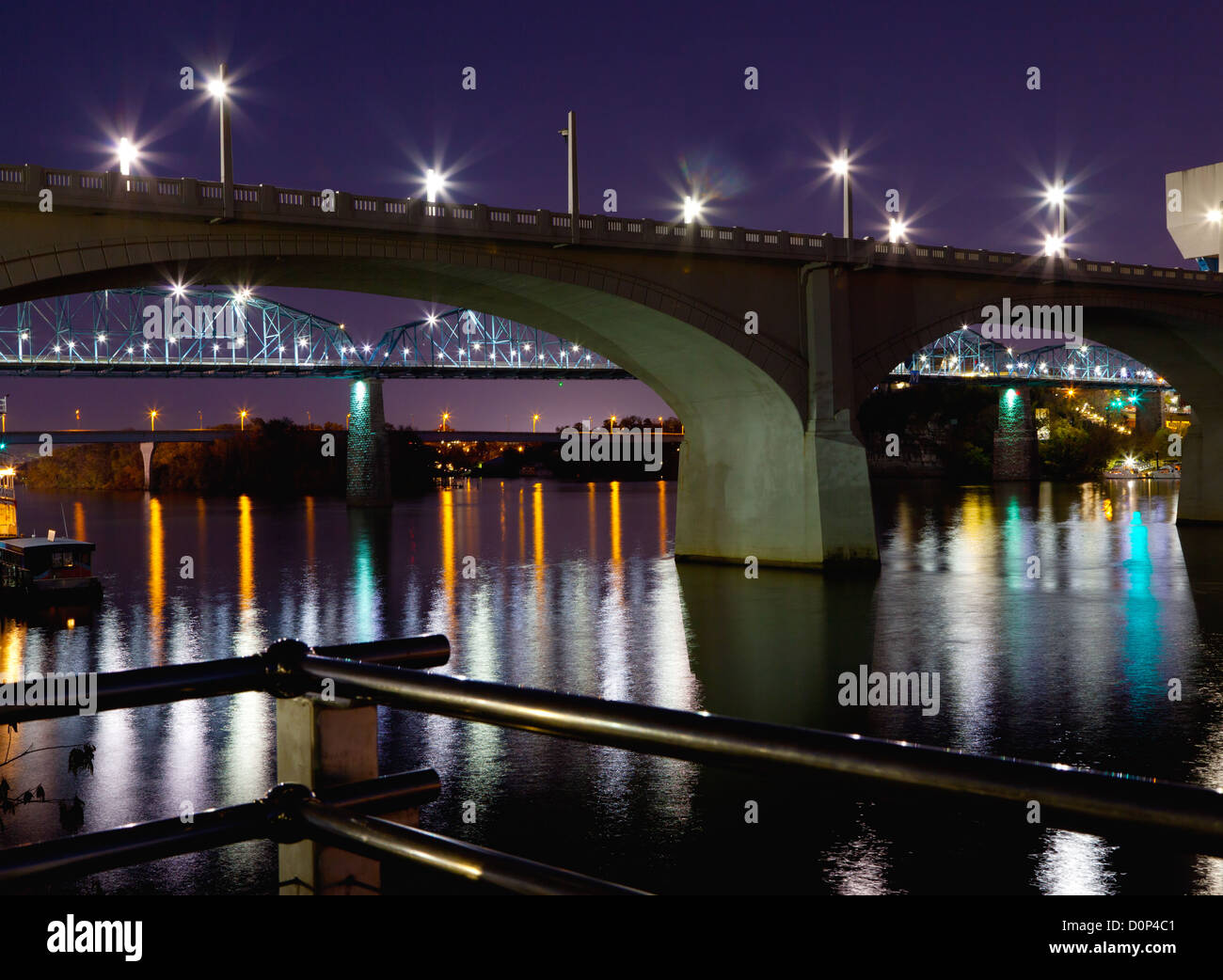 A view of three bridges in downtown Chattanooga, Tennessee at night