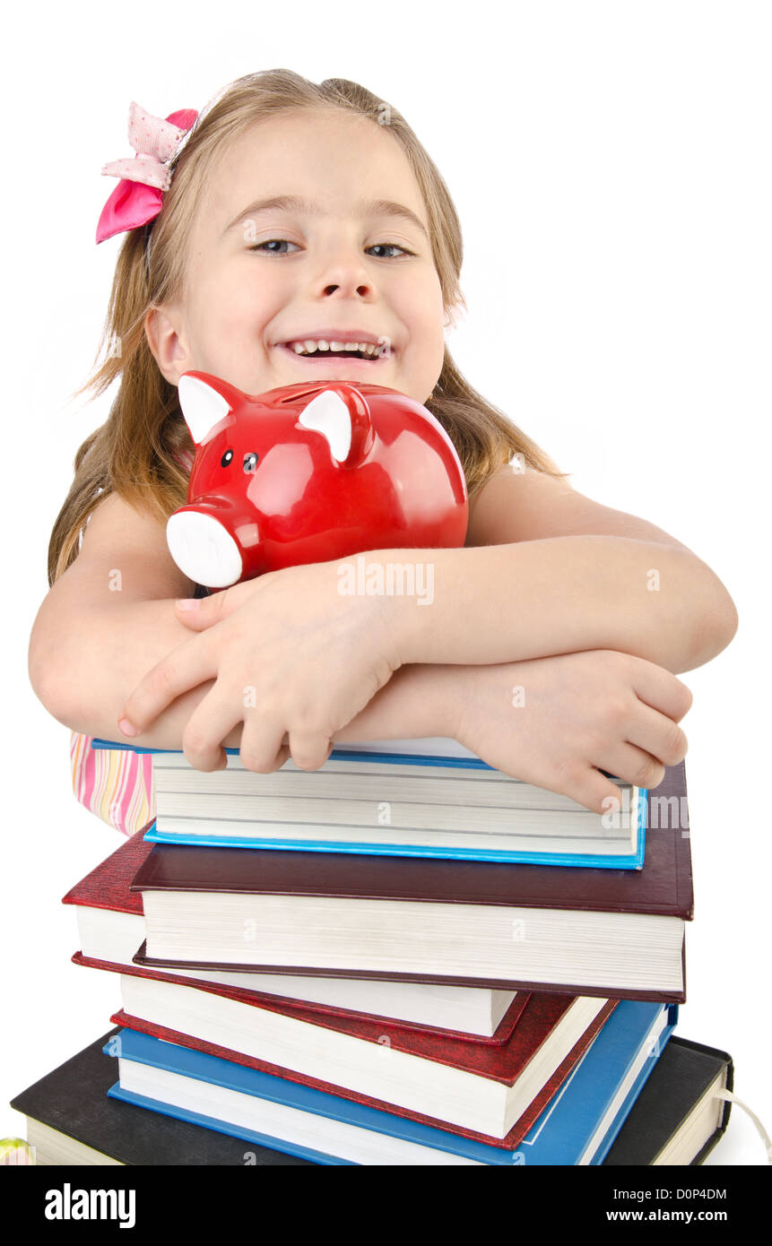 Little girl with books on white Stock Photo - Alamy