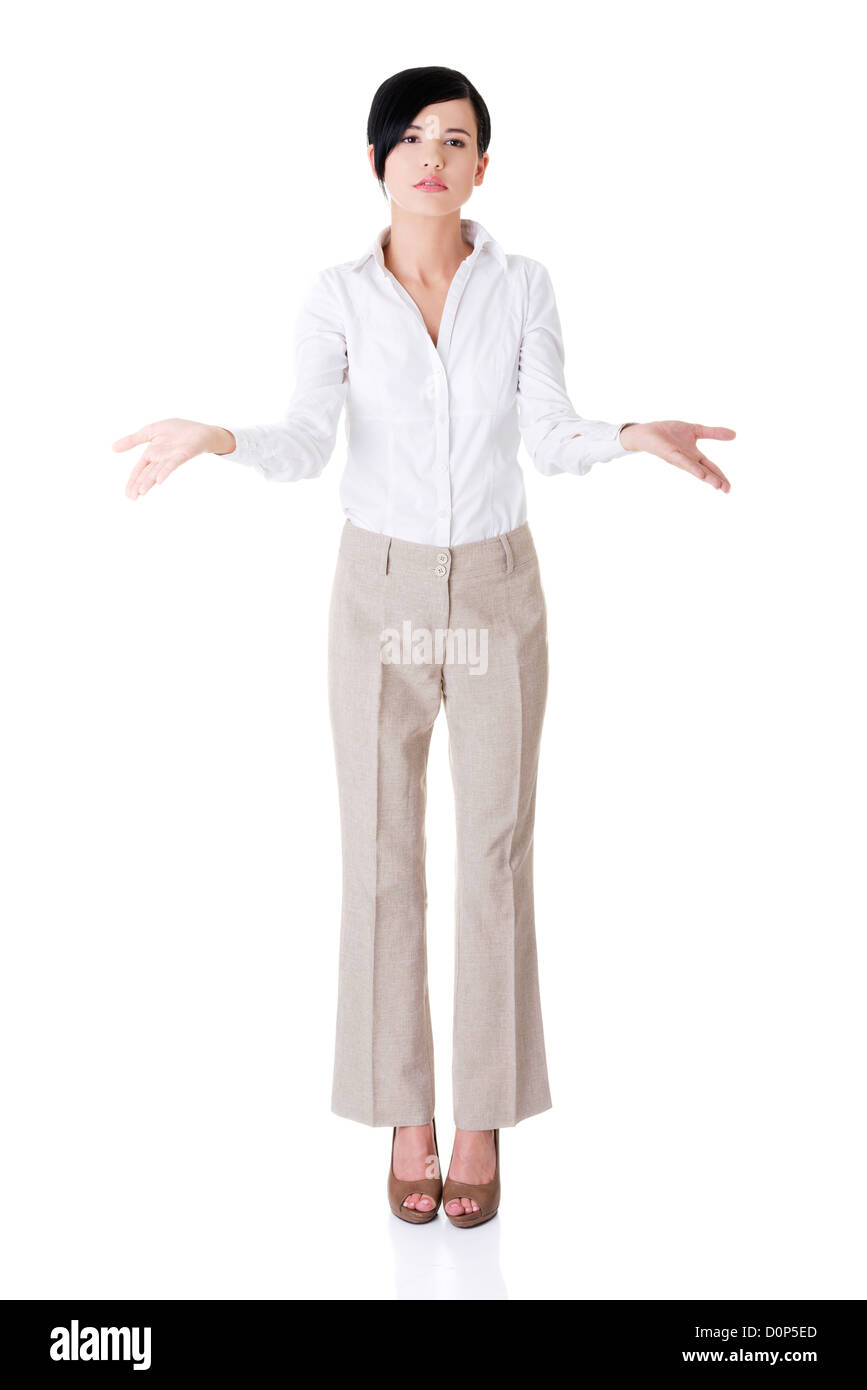 Beautiful business woman showing copy space , isolated on white Stock ...