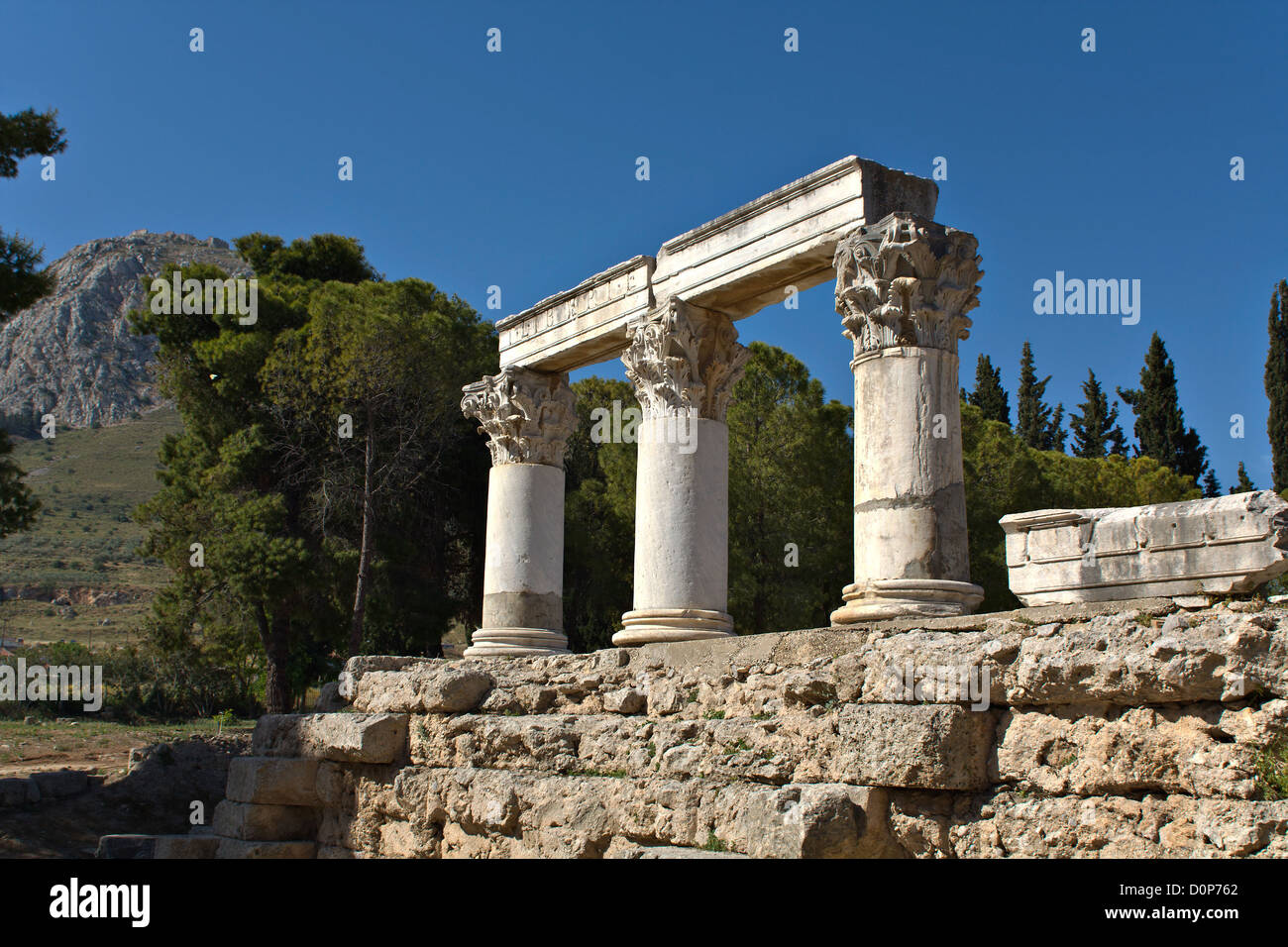 Ancient Corinth site at Peloponnesus, Greece. Temple of Hera Stock Photo