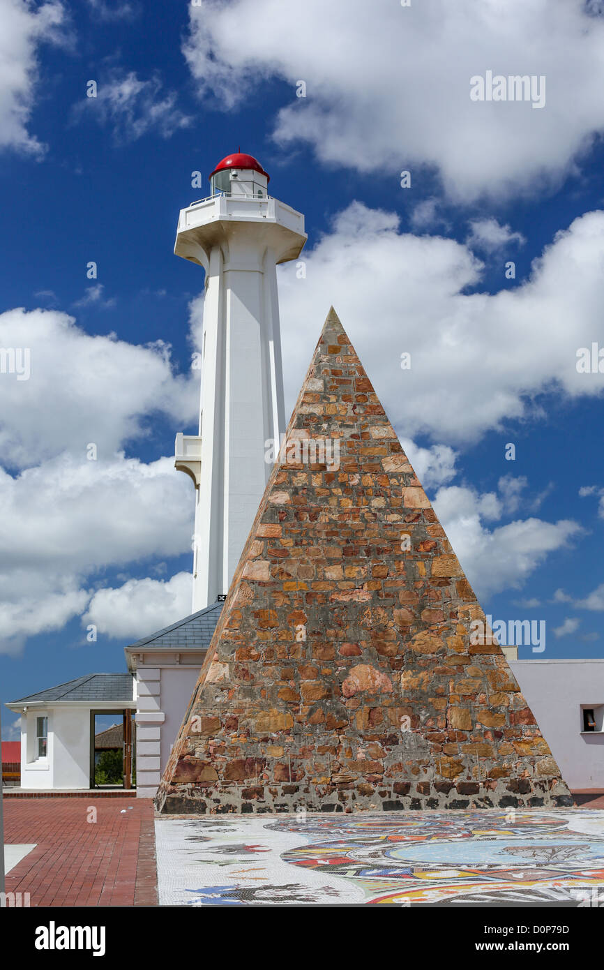 Lighthouse in Port Elizabeth with a small pyramid dedicated for Queen Elizabeth the second Stock Photo