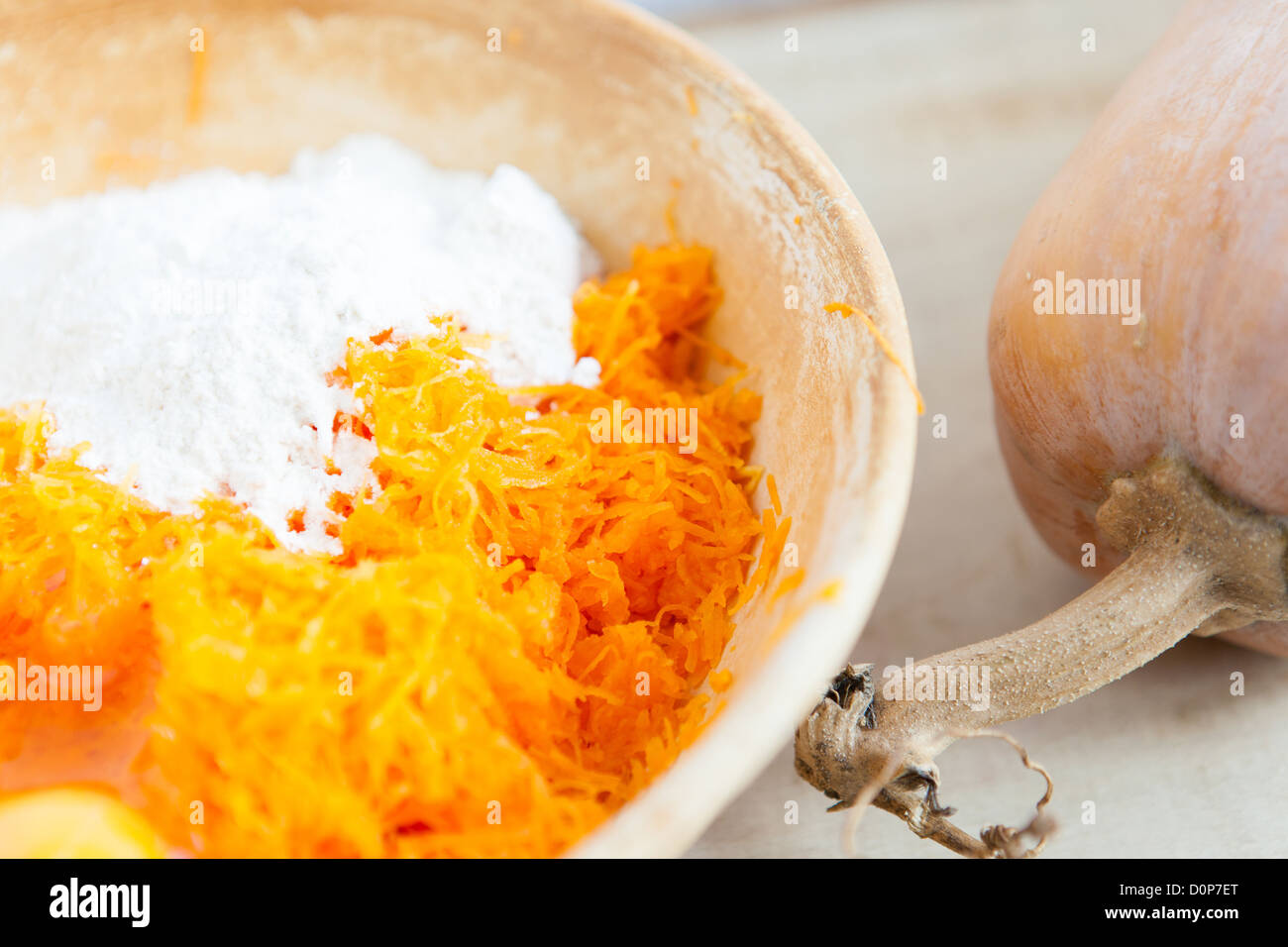Ingredients for casseroles and pumpkin pancakes, close up Stock Photo