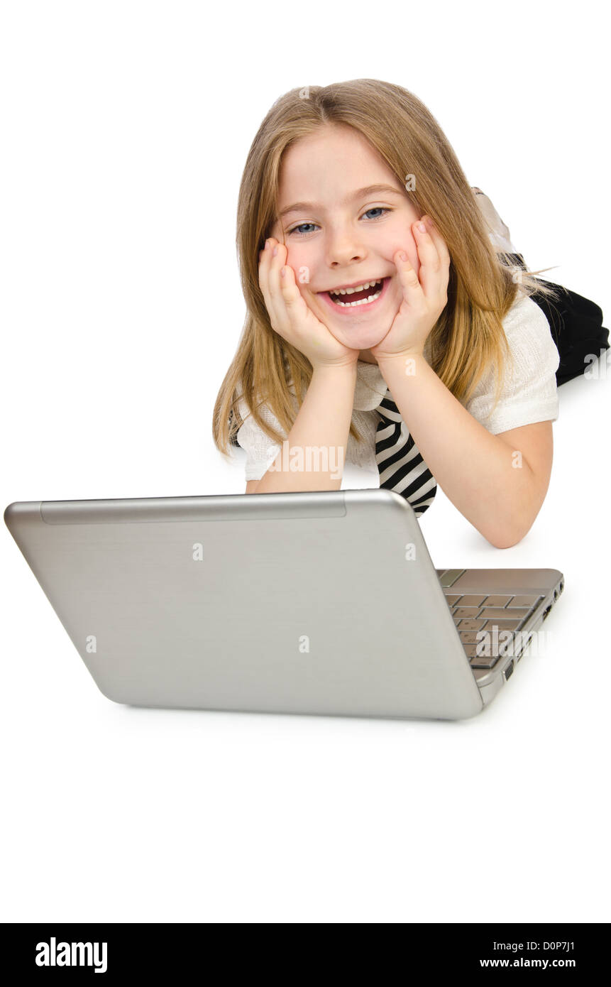 Cute girl with laptop on white Stock Photo - Alamy