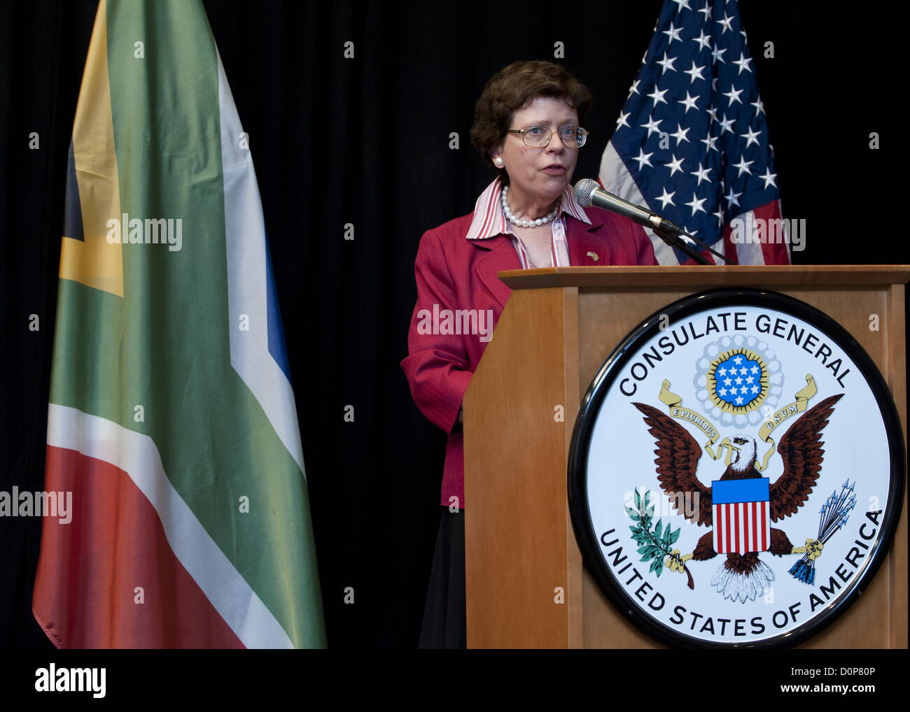United States Acting Secretary of Commerce Rebecca Blank addresses Business Unity South Africa (BUSA) and the media about the Obama administration’s Doing Business in Africa campaign on November 28, 2012 in Johannesburg, South Africa. Blank warned that American investors were worried with the recent spate of violent labour protests, especially in the mining sector. Stock Photo
