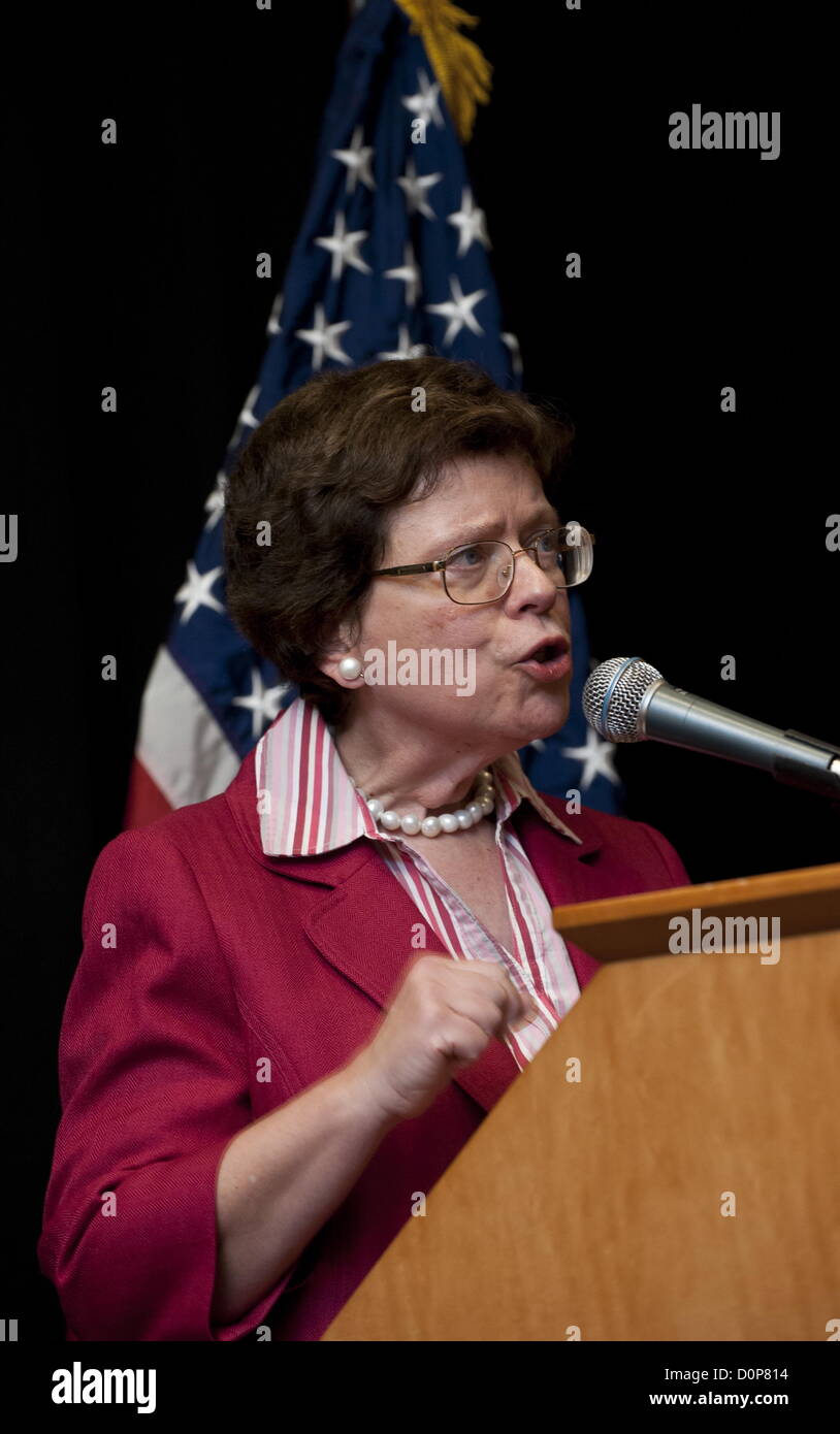 JOHANNESBURG, SOUTH AFRICA: United States Acting Secretary of Commerce Rebecca Blank addresses Business Unity South Africa (BUSA) and the media about the Obama administration’s Doing Business in Africa campaign on November 28, 2012 in Johannesburg, South Africa. Blank warned that American investors were worried with the recent spate of violent labour protests, especially in the mining sector.  (Photo by Gallo Images / Business Day / Martin Rhodes) JOHANNESBURG, SOUTH AFRICA: United States Acting Secretary of Commerce Rebecca Blank addresses Business Unity South Africa (BUSA) and the media abou Stock Photo