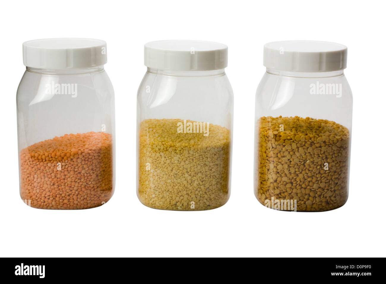 Mung with pigeon pea and lentil pulses in jars Stock Photo