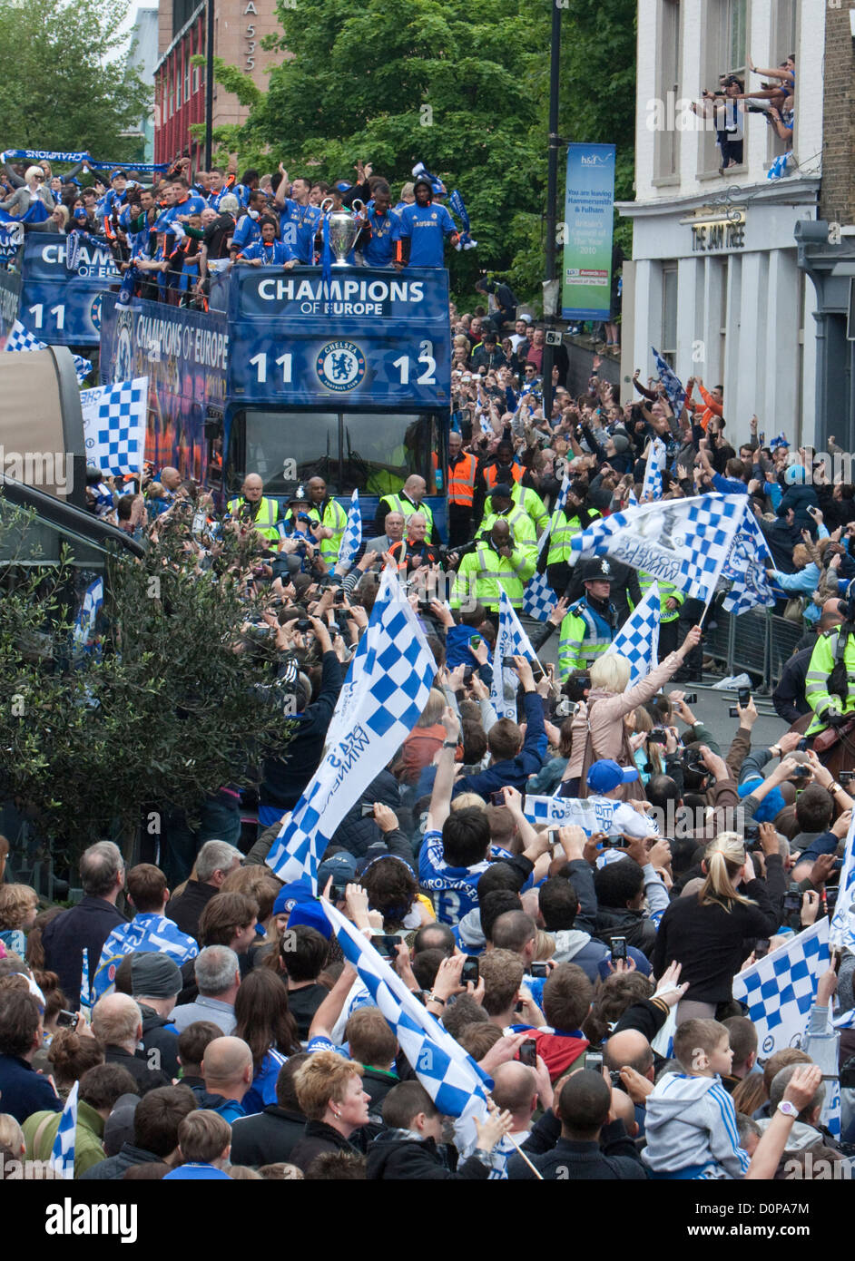Chelsea FC Campions league Winners celebration on the open top buses along the Fulham Rd, and the Kings road in Chelsea may 2012 Stock Photo