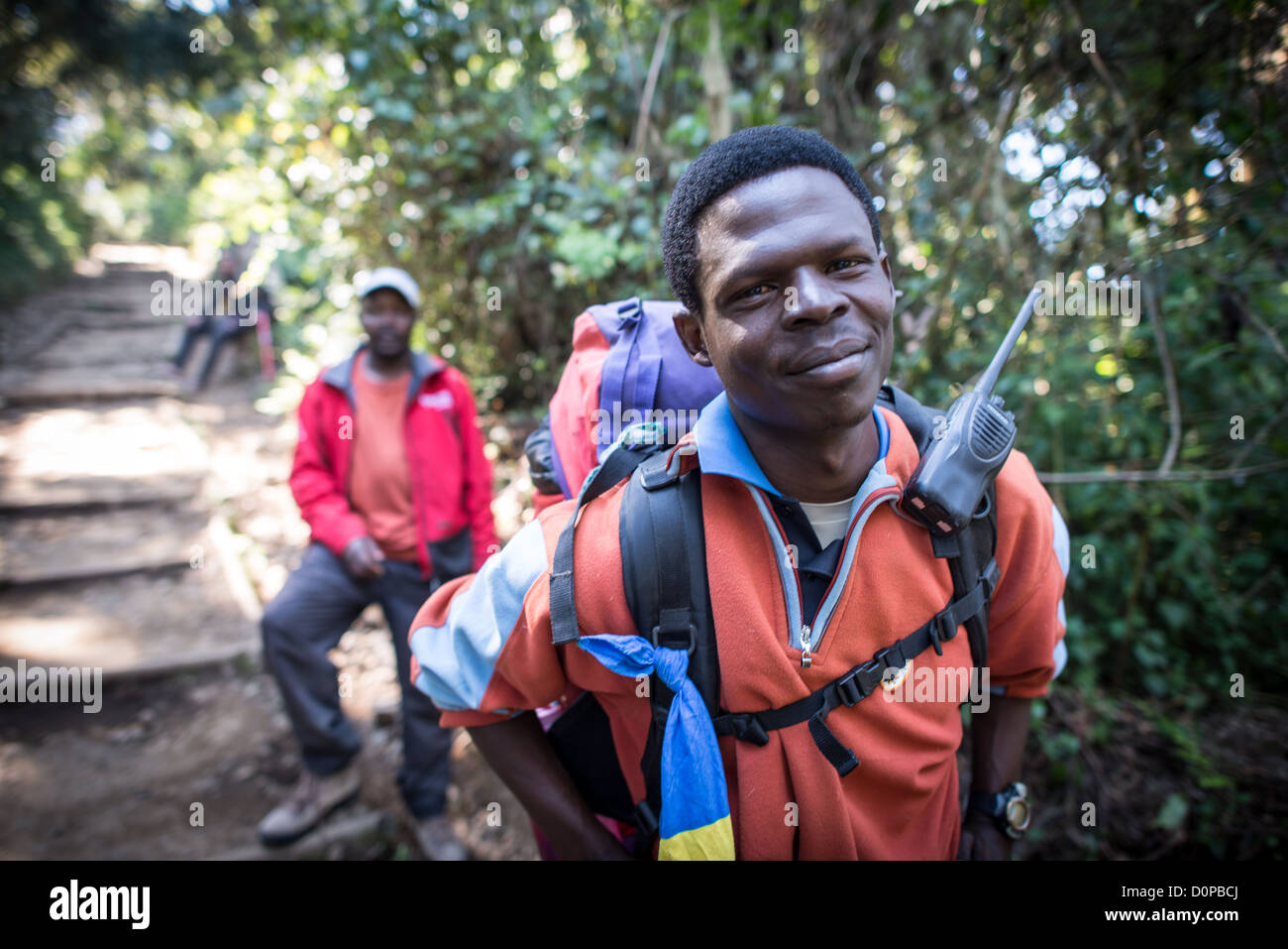 MOUNT KILIMANJARO, Tanzania — A guide poses for a photo on the descent from Mweka Camp on Mount Kilimanjaro. Mweka Camp serves as one of the designated camping areas on the mountain's southern slopes, commonly used by climbers during their descent after summit attempts. Mount Kilimanjaro, Africa's highest peak at 19,341 feet, attracts thousands of climbers annually who typically follow established routes with local guides. The Mweka Route is widely used as a descent path due to its direct route down the mountain's southern face. Local guides play an essential role in supporting climbing expedi Stock Photo