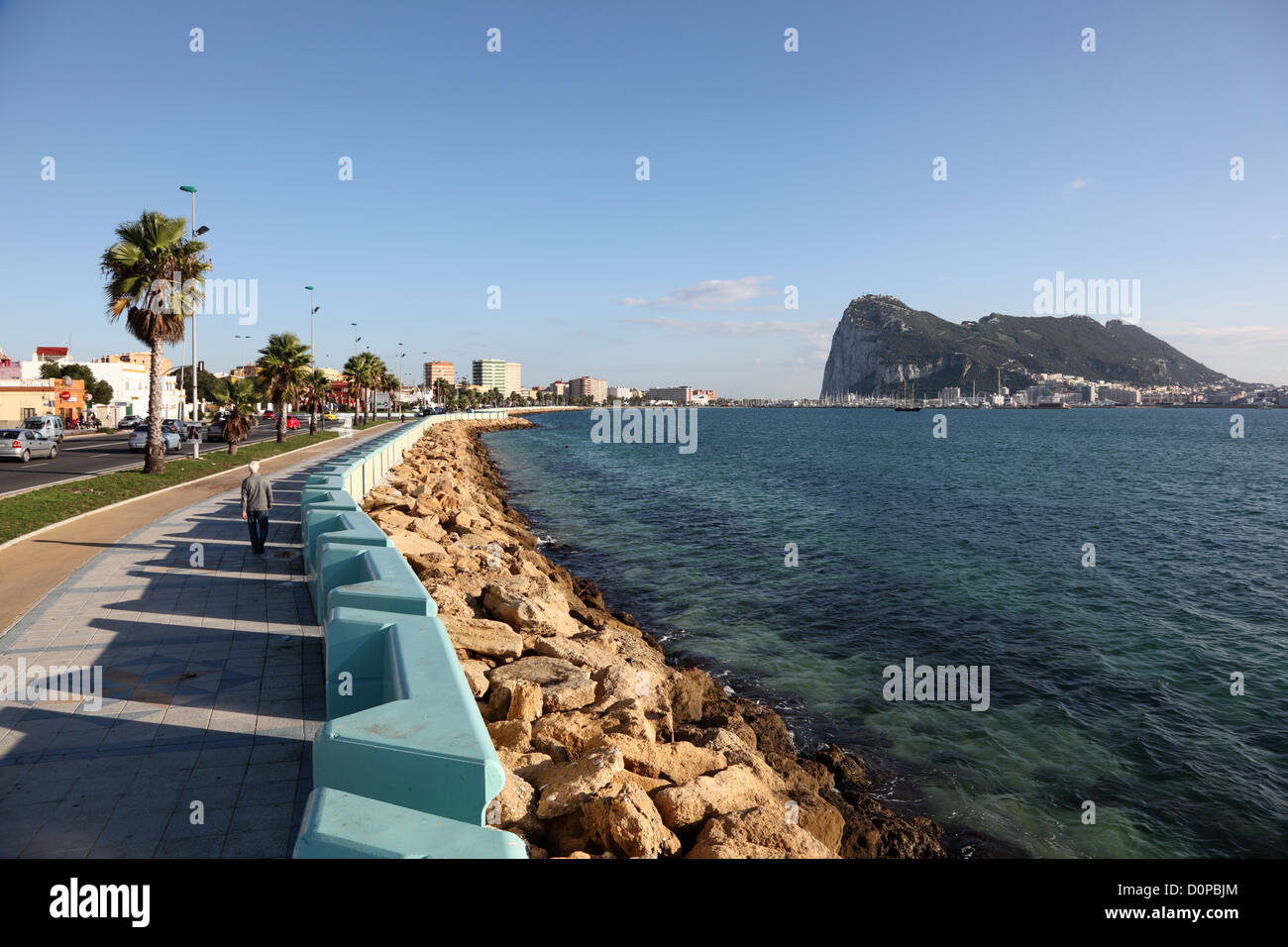 Promenade in La Linea, Spain and the Rock of Gibraltar Stock Photo