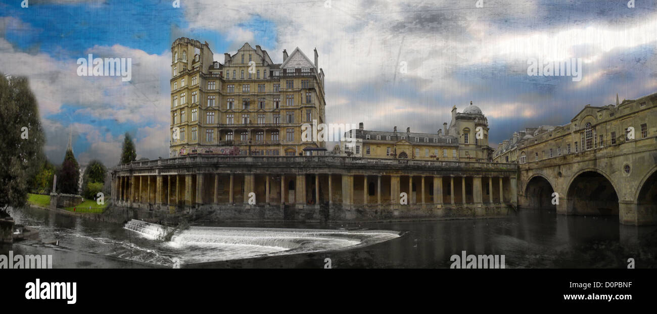 River Avon and Grand Parade Bath, Edited to look like old photographic plate and colourised Stock Photo