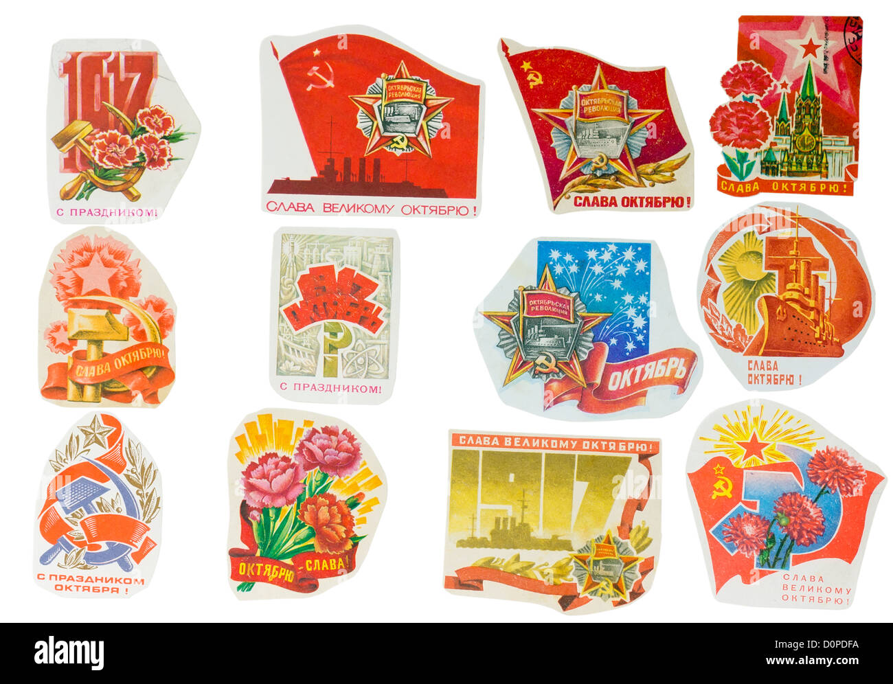 Ideological paper banners set collection of the totalitarian Soviet Union. Holiday of Great October Revolution. Images are manua Stock Photo