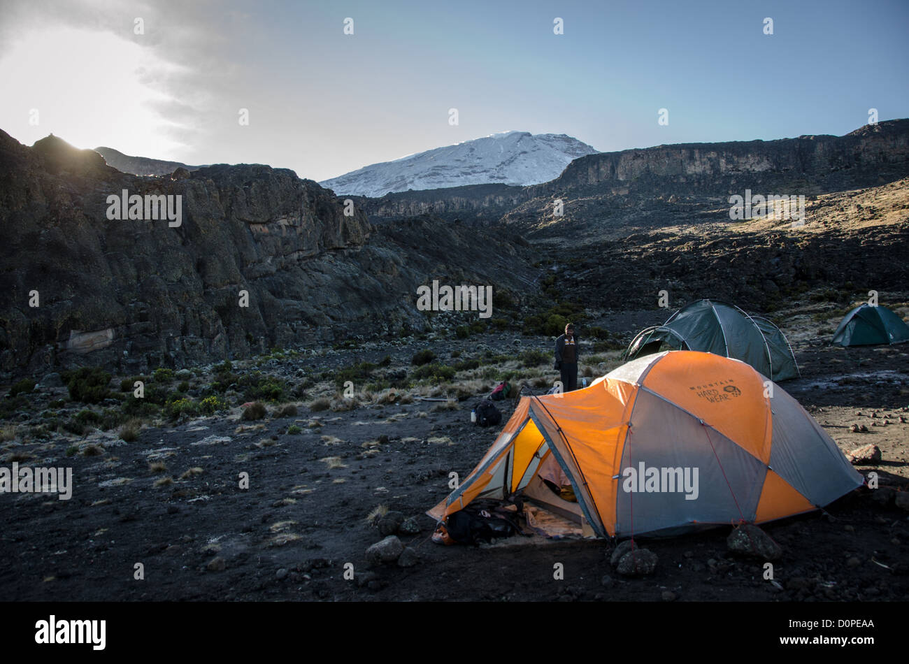 MOUNT KILIMANJARO, Tanzania — Tents are positioned at Moir Hut Camp, situated at 13,660 feet elevation on Mount Kilimanjaro's Lemosho Route. The camp serves as one of the designated stopping points for climbers ascending Africa's highest peak. Mount Kilimanjaro's snow-covered summit is visible in the distance. The Lemosho Route is among the longer approaches to the mountain's peak, typically taking seven to eight days to complete. Moir Hut Camp is located on the mountain's northern circuit, providing climbers with acclimatization opportunities before their final summit attempt. The camp sits w Stock Photo