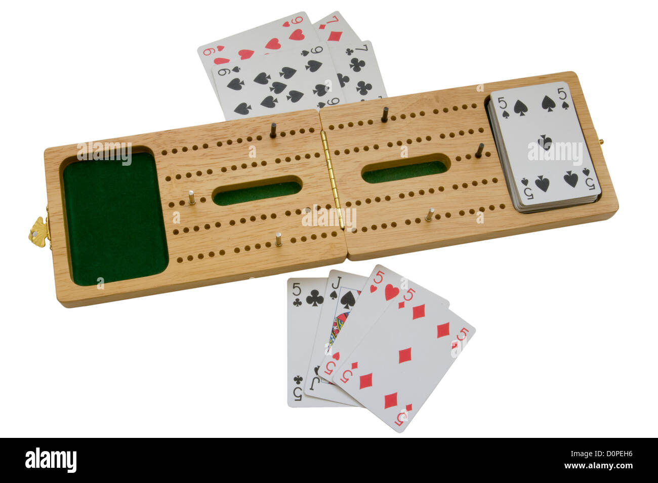 Cribbage Board and Playing Cards against a White Background Stock Photo