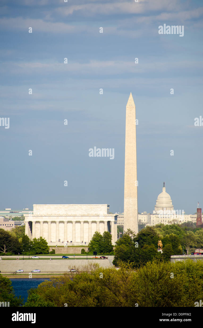 WASHINGTON DC, USA - The Lincoln Memorial, Washington Monument, and US Capitol Dome as shot from across the Potomac River looking east from Rosslyn, Virginia, next to Arlington National Cemetery. Stock Photo