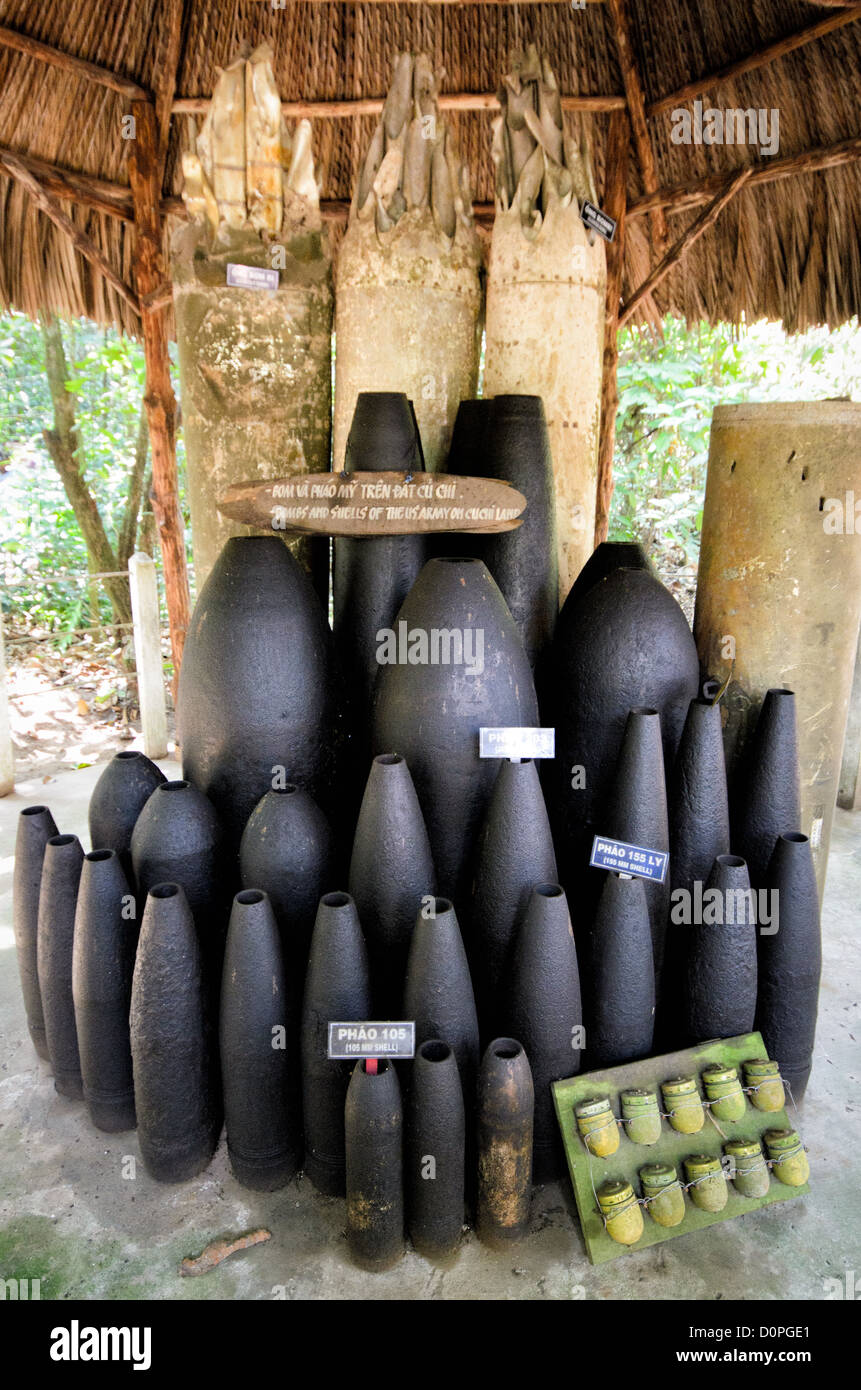 HO CHI MINH CITY, Vietnam - A display of the wide range of bombs, missiles, and artillery shells that were used by American forces against the Viet Cong in the area. The Cu Chi tunnels, northwest of Ho Chi Minh City, were part of a much larger underground tunnel network used by the Viet Cong in the Vietnam War. Part of the original tunnel system has been preserved as a tourist attraction where visitors can go down into the narrow tunnels and see exhibits on the defense precautions and daily life of the Vietnamese who lived and fought there. Stock Photo