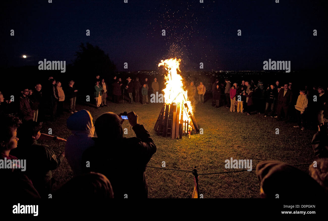 04/06/2012. London, UK. A diamond jubilee beacon is lit at Old Redding