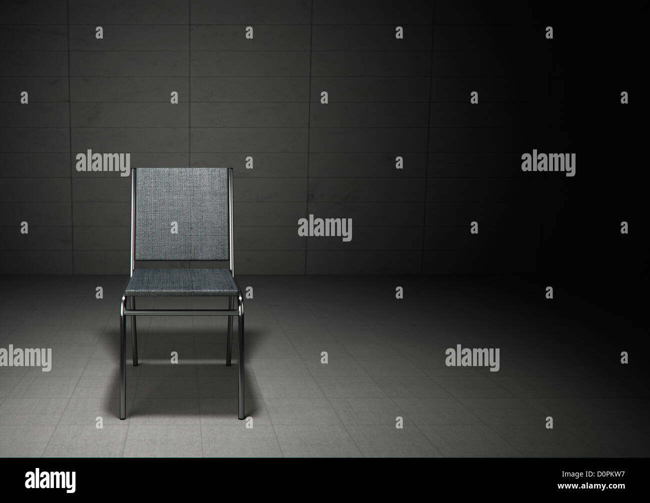 Chair, single chair, concrete room, interrogation, dark, conceptual, Stock Photo