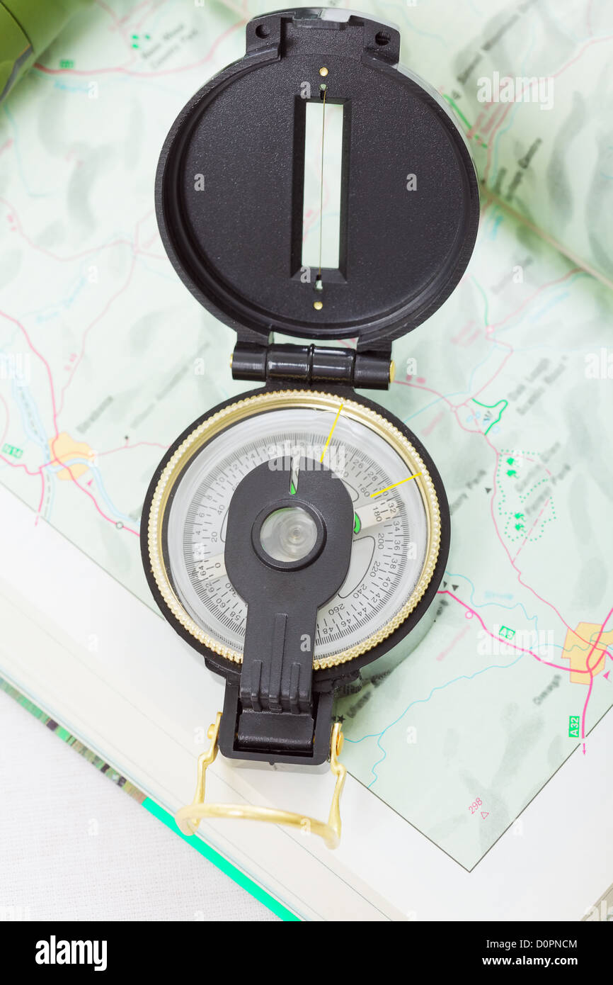 Compass on map above view Stock Photo