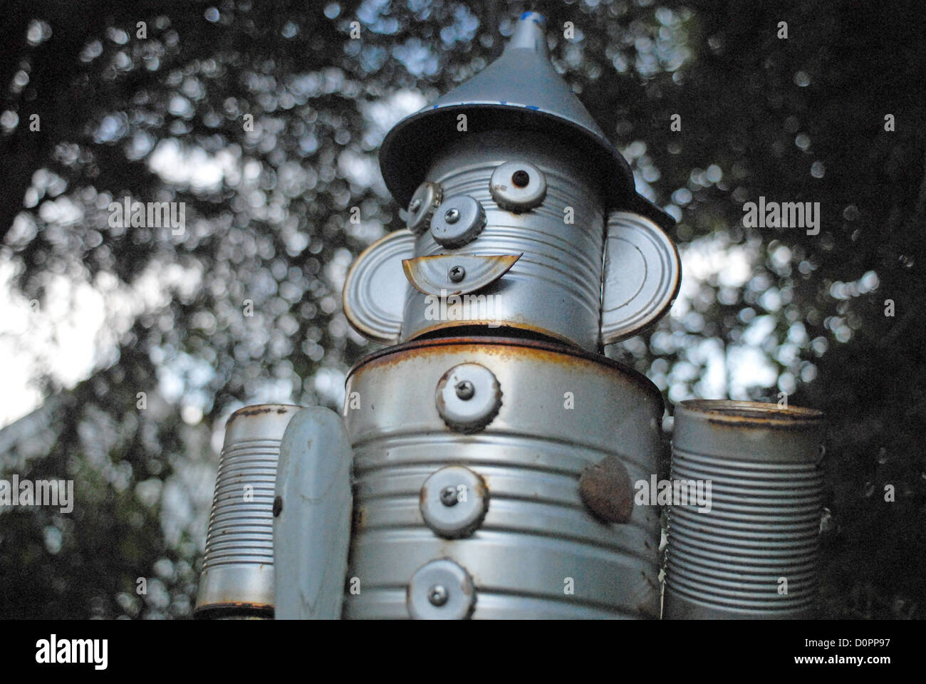 Tin Man folk art made of empty cans. Stock Photo