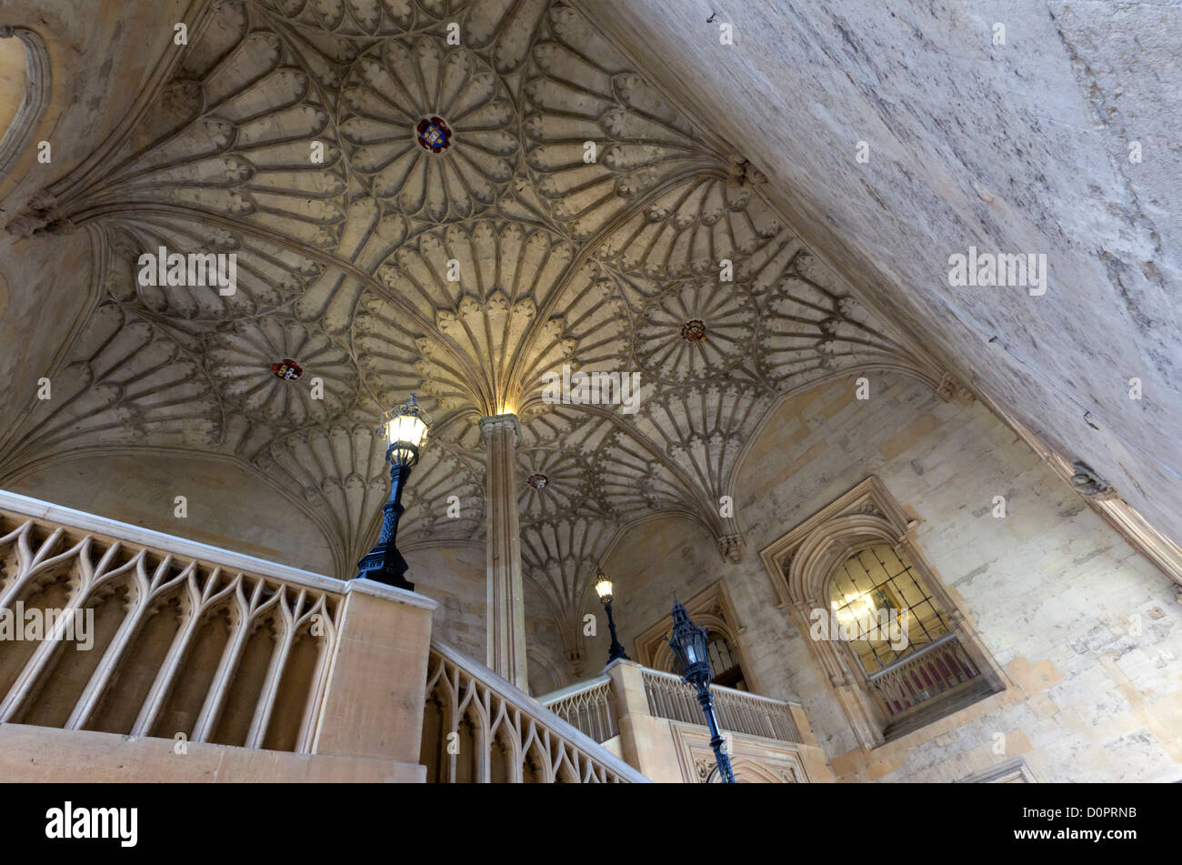 16th century staircase and vaulted ceiling leading up to the Great Hall, Christ Church, Oxford, UK Stock Photo