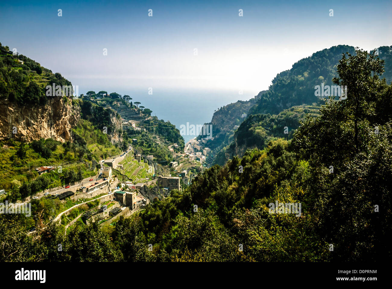 Panoramic view from the hiking trail between Amalfi and Atrani with typical terraced lemon cultivation (sfusato amalfitano) Stock Photo
