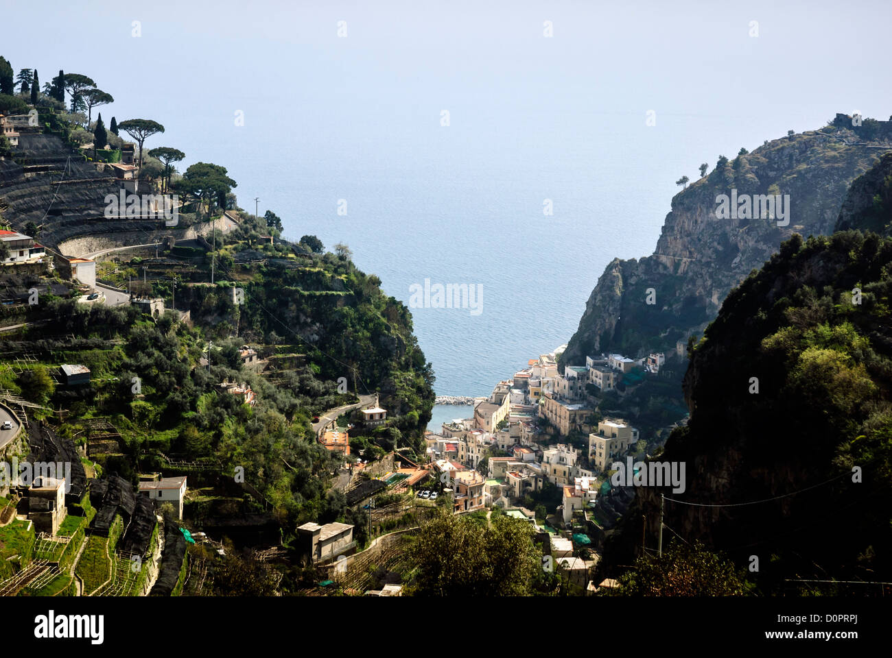 Panoramic view from the hiking trail between Amalfi and Atrani with typical terraced lemon cultivation (sfusato amalfitano) Stock Photo