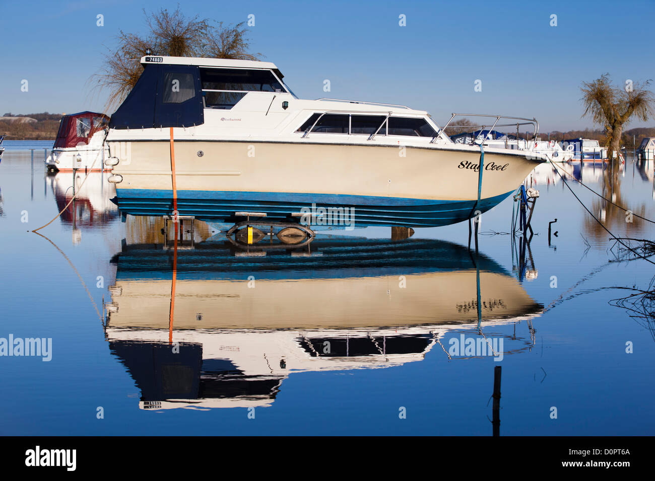 Motor boat named "Stay Cool" on trailer submerged in water at Bredon
