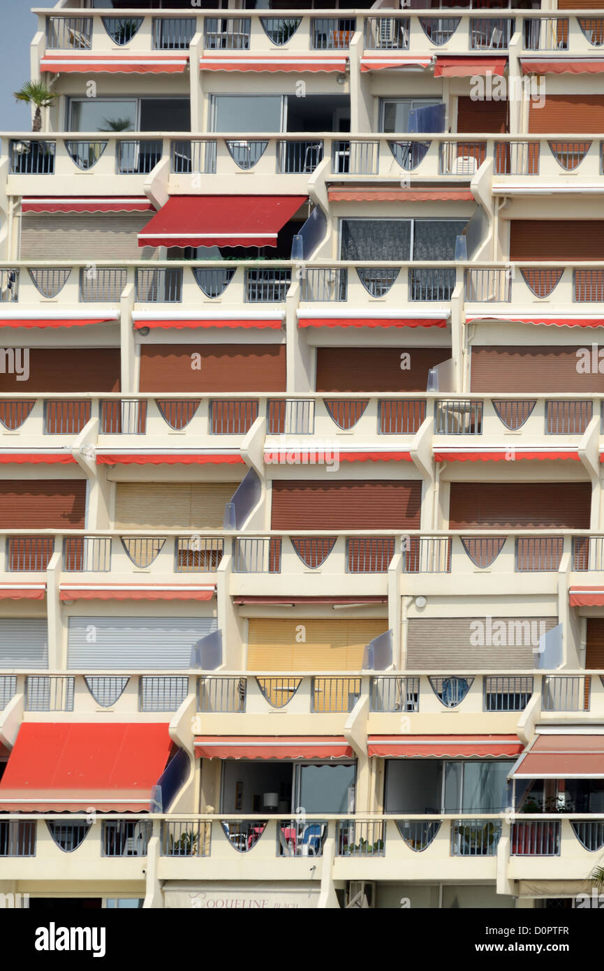 Facade, Window Patterns and Balconies of the Acapulco Apartment Building at La Grande-Motte Resort Town or New Town Hérault France Stock Photo