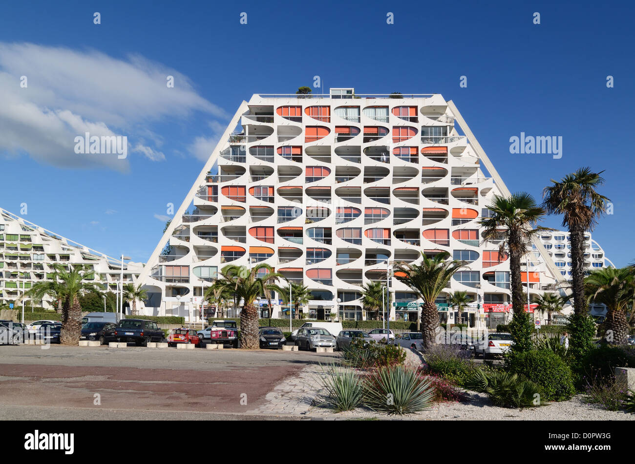 Eden Building (1974) Apartment Building in the form of Pyramid by Jean Balladur in the New Town or Resort Town of La Grande-Motte Hérault France Stock Photo